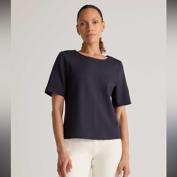 Quince Ultra Stretch Ponte Short Sleeve Navy Top size Large Minimalist - Picture 1 of 5